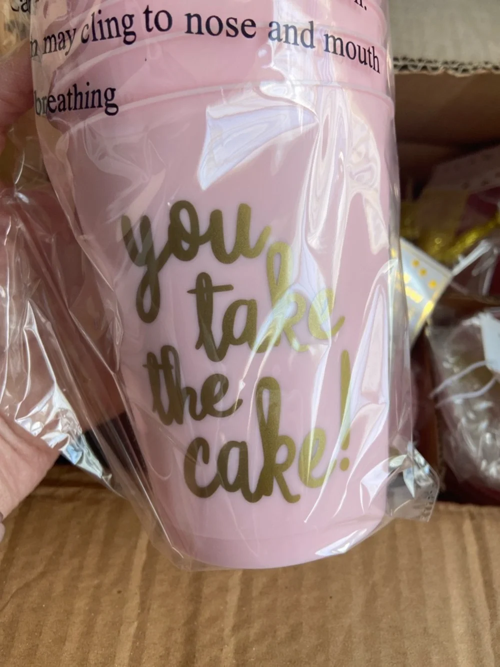 Bundle of 6 Packs Pink Disposable Party Cup with Gold 'You Take the Cake' Script